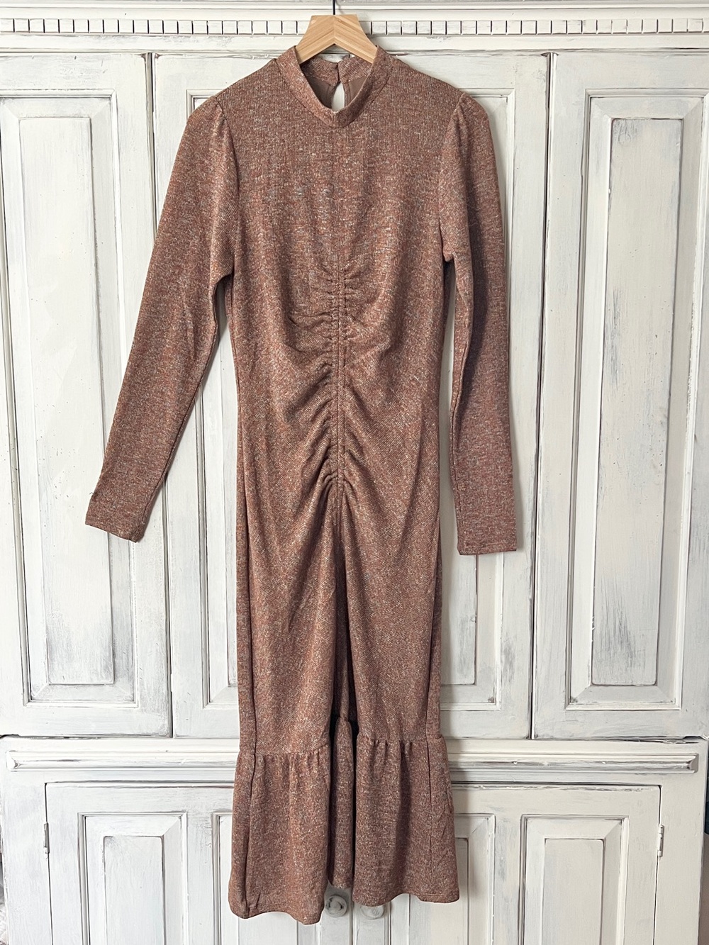 NWT COLLECTIVE CONCEPTS Ruched Long Sleeve Midi Dress in Copper Shimmer Knit